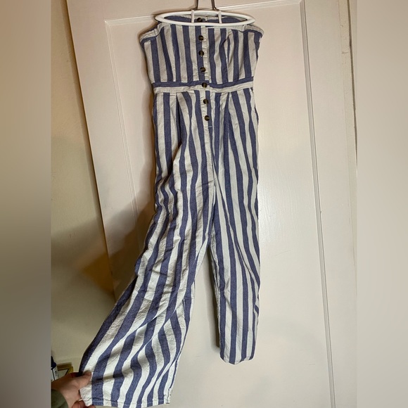 American Eagle Strapless Jumpsuit Blue White Striped Seersucker Tube Top Romper - Picture 1 of 14
